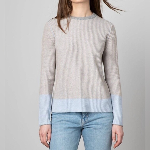 Kinross Cashmere ribbed knit pullover sweater, colorblock pastel colors, Sz L - Picture 1 of 10